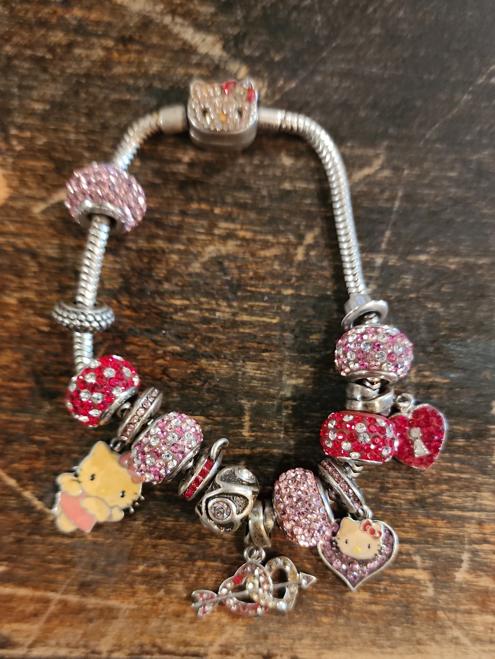 Pandors Style Hello Kitty Pink and Red Charm Bracelet with Heart and Cat Charms